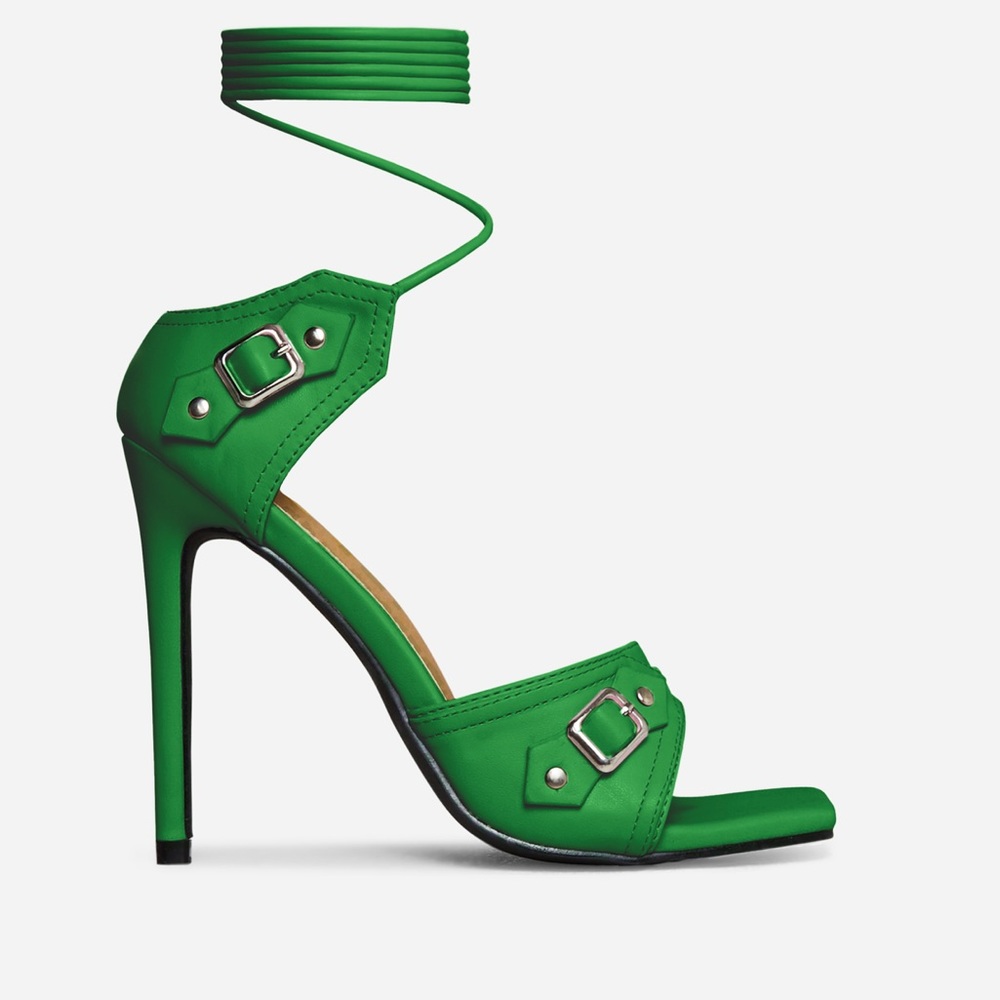 Kelly green square toe silver buckle ankle strap lace up heel sandals - Picture 4 of 5